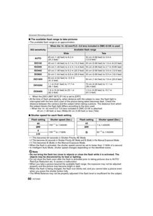 Page 60VQT2S6260
Advanced (Recording pictures)
∫The available flash range to take pictures
•The available flash range is an approximation.
¢ When the [ISO LIMIT SET] (P119) is set to [OFF]
•At the time of flash photography, when distance with the subject is near, the flash light is 
interrupted with the lens and a part of the picture being taken becomes dark. Check the 
distance between the camera and the subject w hen taking a picture. The distance from which 
the subject blocks the flash light differs...