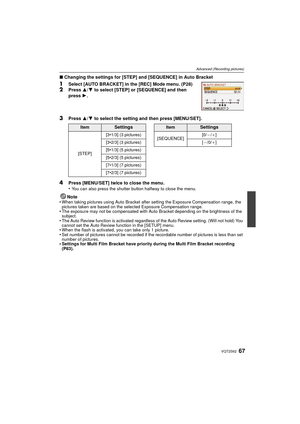 Page 6767VQT2S62
Advanced (Recording pictures)
∫Changing the settings for [STEP] and [SEQUENCE] in Auto Bracket
1Select [AUTO BRACKET] in the [REC] Mode menu. (P28)2Press  3/4 to select [STEP] or [SEQUENCE] and then 
press  1.
3Press  3/4 to select the setting and then press [MENU/SET].
4Press [MENU/SET] twice to close the menu.
•You can also press the shutter button halfway to close the menu.
Note
•When taking pictures using Auto Bracket after setting the Exposure Compensation range, the 
pictures taken are...