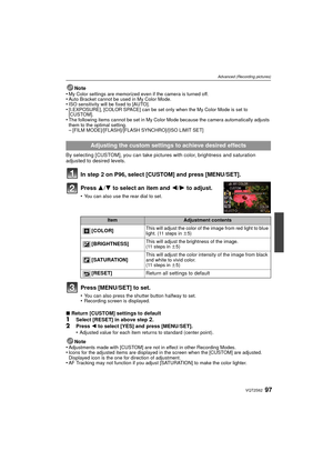 Page 9797VQT2S62
Advanced (Recording pictures)
Note
•My Color settings are memorized even if the camera is turned off.•Auto Bracket cannot be used in My Color Mode.•ISO sensitivity will be fixed to [AUTO].•[I.EXPOSURE], [COLOR SPACE] can be set only when the My Color Mode is set to 
[CUSTOM].
•The following items cannot be set in My Color Mode because the camera automatically adjusts 
them to the optimal setting.
–[FILM MODE]/[FLASH]/[FLASH SYNCHRO]/[ISO LIMIT SET]
By selecting [CUSTOM], you can take pictures...