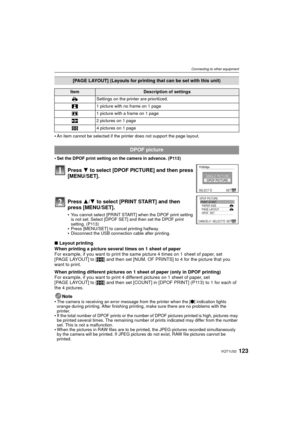 Page 123123VQT1U32
Connecting to other equipment
An item cannot be selected if the printer does not support the page layout.
Set the DPOF print setting on the camera in advance. (P113)
∫Layout printing
When printing a picture several times on 1 sheet of paper
For example, if you want to print the same picture 4 times on 1 sheet of paper, set 
[PAGE LAYOUT] to [ ä] and then set [NUM. OF PRINTS] to 4 for the picture that you 
want to print. 
When printing different pictures on 1 sheet of paper (only in DPOF...