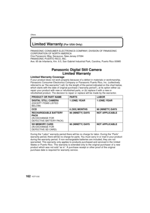 Page 162VQT1U32162
Others
Limited Warranty (For USA Only)
PANASONIC CONSUMER ELECTRONICS COMPANY, DIVISION OF PANASONIC 
CORPORATION OF NORTH AMERICA
One Panasonic Way, Secaucus, New Jersey 07094
PANASONIC PUERTO RICO, INC.
Ave. 65 de Infantería, Km. 9.5, San Gabriel Industrial Park, Carolina, Puerto Rico 00985
Panasonic Digital Still CameraLimited Warranty
Limited Warranty CoverageIf your product does not work  properly because of a defect in  materials or workmanship, 
Panasonic Consumer Electronics Company or...