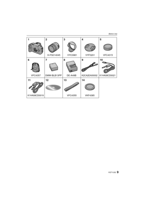 Page 99VQT1U32
Before Use
VFC4315
VFC4357VYC0981
H-FS014045
VYF3201
1
62
DMW-BLB13PPK1HA08CD0021K2CA2EA00002DE-A49B
K1HA08CD0019
7 3
891
0
11 12 13 14
VFC4355 VKF4385
45 
