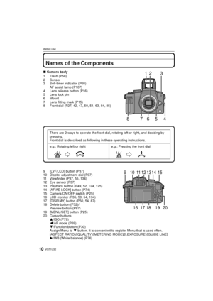 Page 10VQT1U3210
Before Use
Names of the Components
∫Camera body
1 Flash (P58)
2 Sensor
3 Self-timer indicator (P68) AF assist lamp (P107)
4 Lens release button (P16)
5 Lens lock pin
6 Mount
7 Lens fitting mark (P15)
8 Front dial (P27, 42, 47, 50, 51, 63, 84, 85)
9 [LVF/LCD] button (P37)
10 Diopter adjustment dial (P37)
11 Viewfinder (P37, 55, 134)
12 Eye sensor (P37)
13 Playback button (P49, 52, 124, 125)
14 [AF/AE LOCK] button (P74)
15 Camera ON/OFF switch (P25)
16 LCD monitor (P35, 50, 54, 134)
17 [DISPLAY]...