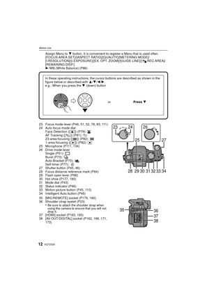 Page 12VQT2S3012
Before Use
Assign Menu to 4 button. It is convenient to regi ster a Menu that is used often.
[FOCUS AREA SET]/[ASPECT RATIO]/[QUALITY]/[METERING MODE]/
[I.RESOLUTION]/[I.EXPOSURE]/[EX. OPT. ZOOM]/[GUIDE LINE]/[ REC AREA]/
[REMAINING DISP.]
1 /WB (White Balance) (P86)
23 Focus mode lever (P46, 51, 52, 78, 83, 111)
24 Auto focus mode dial Face Detection ([ ]) (P79): š
AF Tracking ([ ]) (P81):
23-area-focusing ([ ]) (P82):
1-area-focusing ([ Ø]) (P82): Ø
25 Microphone (P111, 134)
26 Drive mode...