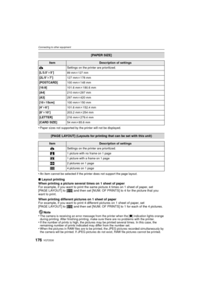 Page 176VQT2S30176
Connecting to other equipment
•Paper sizes not supported by the printer will not be displayed.
•An item cannot be selected if the printer does not support the page layout.
∫Layout printing
When printing a picture several times on 1 sheet of paper
For example, if you want to print the same picture 4 times on 1 sheet of paper, set 
[PAGE LAYOUT] to [ ä] and then set [NUM. OF PRINTS] to 4 for the picture that you 
want to print.
When printing different pictures on 1 sheet of paper
For example, if...