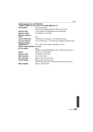 Page 209209VQT2S30
Others
Interchangeable Lens (H-FS014042)
“LUMIX G VARIO 14 – 42 mm/F3.5 – 5.6 ASPH./MEGA O.I.S.”
Focal length:f=14 mm to 42 mm
(35 mm film camera equivalent: 28 mm to 84 mm)
Aperture type: 7 leaf shutters/iris diaphragm/circular diaphragm
Aperture range: F3.5 (Wide) to F5.6 (Tele)
Minimum aperture 
value: F22
Lens construction: 12 elements in 9 groups (1 non-spherical lenses)
In focus distance: 0.3 m (0.99 feet) to ¶ (from the focus distance reference line)
Maximum image 
magnification: 0.16k...