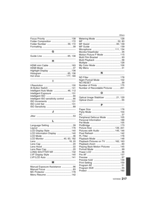 Page 217Others
217VQT2S30
Focus Priority  ....................................... 138
Folder Composition  .............................. 172
Folder Number  ............................... 39, 172
Formatting .............................................. 39
G
Guide Line ...................................... 65, 136
H
HDMI mini Cable  .................................. 163
HDMI Mode  ............................................ 37
Highlight Display  .................................. 136
Histogram...