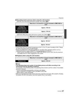Page 2727VQT2S30
Preparation
∫Recording motion pictures (when using the LCD monitor)
–[AVCHD Lite] (Recording with picture quality set to [SH] ([ ]))
–[MOTION JPEG] (Recording with picture quality set to [HD] ([ ]))
•These times are for an ambient temperature of 23 oC (73.4oF) and a humidity of 50%. Please 
be aware that these times are approximate.
•Actual recordable time is the time available for recording when repeating actions such as 
switching the power supply [ON]/[OFF], starting/stopping recording etc....