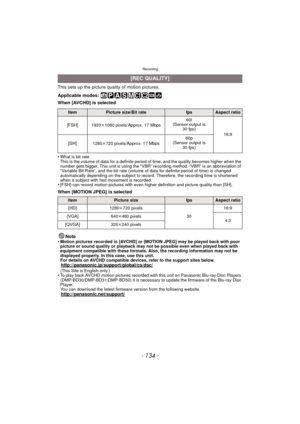 Page 134Recording
- 134 -
This sets up the picture quality of motion pictures.
Applicable modes: 
When [AVCHD] is selected
•
What is bit rate
This is the volume of data for a definite period of time, and the quality becomes higher when the 
number gets bigger. This unit is using the “VBR” recording method. “VBR” is an abbreviation of 
“Variable Bit Rate”, and the bit rate (volume of data for definite period of time) is changed 
automatically depending on the subject to record. Therefore, the recording time is...