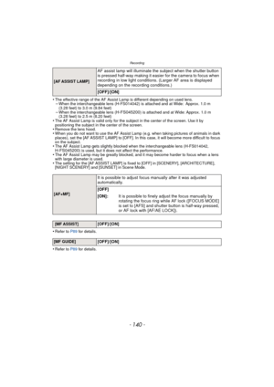Page 140Recording
- 140 -
•The effective range of the AF Assist Lamp is different depending on used lens.–When the interchangeable lens (H-FS014042) is attached and at Wide: Approx. 1.0 m 
(3.28 feet) to 3.0 m (9.84 feet)
–When the interchangeable lens (H-FS045200) is attached and at Wide: Approx. 1.0 m 
(3.28 feet) to 2.5 m (8.20 feet)
•The AF Assist Lamp is valid only for the subject in the center of the screen. Use it by 
positioning the subject in the center of the screen.
•Remove the lens hood.•When you do...