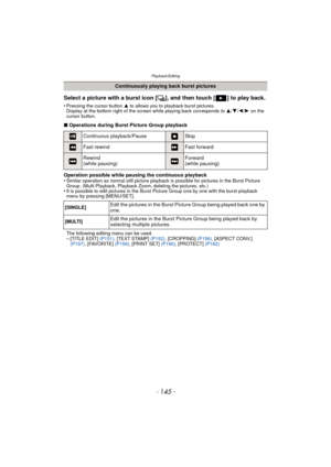 Page 145- 145 -
Playback/Editing
Select a picture with a burst icon [˜], and then touch [ ] to play back.
•Pressing the cursor button  3 to allows you to playback burst pictures.
Display at the bottom right of the screen while playing back corresponds to  3/4/2/1  on the 
cursor button.
∫ Operations during Burst Picture Group playback
Operation possible while pausing the continuous playback
•
Similar operation as normal still picture playback is  possible for pictures in the Burst Picture 
Group. (Multi...