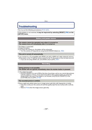 Page 197- 197 -
Others
Troubleshooting
First, try out the following procedures (P197–207).
•
The battery is exhausted.•Charge the battery.•If you leave the camera on,  the battery will be exhausted.
> Turn the camera off frequently by using the [ECONOMY] Mode etc.  (P65)
•If you connect to a TV compatible with VIERA Link with a HDMI mini cable (optional) and turn 
off the power on the TV with the remote control for the TV, the power on this unit also turns off. 
> If you are not using VIERA Link, set [VIERA...