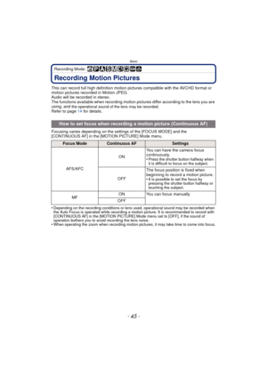 Page 45- 45 -
Basic
Recording Mode: 
Recording Motion Pictures
This can record full high definition motion pictures compatible with the AVCHD format or 
motion pictures recorded in Motion JPEG.
Audio will be recorded in stereo.
The functions available when recording motion pictures differ according to the lens you are 
using, and 
the operational sound of the lens may be recorded.Refer to page 14  for details.
Focusing varies depending on the settings of the [FOCUS MODE] and the 
[CONTINUOUS AF] in the [MOTION...