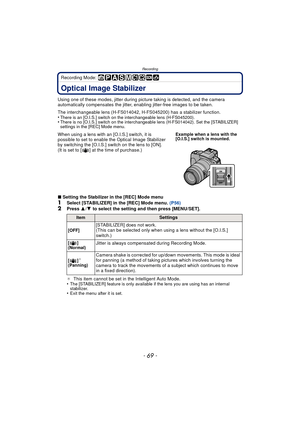 Page 69- 69 -
Recording
Recording Mode: 
RecordingOptical Image Stabilizer
Using one of these modes, jitter during picture taking is detected, and the camera 
automatically compensates the jitter, enabling jitter-free images to be taken.
The interchangeable lens (H-FS014042, H-FS045200) has a stabilizer function.
•
There is an [O.I.S.] switch on the interchangeable lens (H-FS045200).•There is no [O.I.S.] switch on the interchangeable lens (H-FS014042). Set the [STABILIZER] 
settings in the [REC] Mode menu....