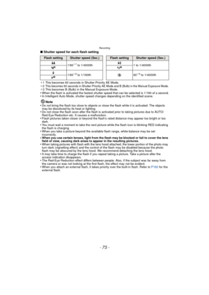 Page 75- 75 -
Recording
∫Shutter speed for each flash setting
¢1 This becomes 60 seconds in Shutter-Priority AE Mode.
¢ 2This becomes 60 seconds in Shutter-Priority AE Mode and B (Bulb) in the Manual Exposure Mode.¢3 This becomes B (Bulb) in the Manual Exposure Mode.•When the flash is activated the fastest shutter speed that can be selected is 1/160 of a second.•In Intelligent Auto Mode, shutter speed changes depending on the identified scene.
Note
•Do not bring the flash too close to objects or close the flash...