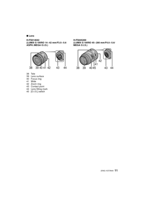 Page 1111 (ENG) VQT3N40
∫Lens
38 Tele
39 Lens surface
40 Focus ring
41 Wide
42 Zoom ring
43 Contact point
44 Lens fitting mark
45 [O.I.S.] switch H-FS014042
(LUMIX G VARIO 14 – 42 mm/F3.5 – 5.6 
ASPH./MEGA O.I.S.) H-FS045200
(LUMIX G VARIO 45 – 200 mm/F4.0 – 5.6/
MEGA O.I.S.)
38 39 40 41 42 43 4440
41
42
45393843 44
DMC-G3K&G3W&G3PP-VQT3N40_eng.book  11 ページ  ２０１１年４月２９日　金曜日　午後１２時１３分 