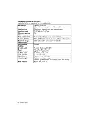 Page 48VQT3N40 (ENG) 48
Interchangeable Lens (H-FS045200)
“LUMIX G VARIO 45 – 200 mm/F4.0 – 5.6/MEGA O.I.S.”Focal length f=45 mm to 200 mm
(35 mm film camera equivalent: 90 mm to 400 mm)
Aperture type 7 diaphragm blades/circular aperture diaphragm
Aperture range F4.0 (Wide) to F5.6 (Tele)
Minimum aperture 
value F22
Lens construction 16 elements in 13 groups (no aspherical lens)
In focus distance 1.0 m (3.28 feet) to ¶ (from the focus distance reference line)
Maximum image 
magnification 0.19
k (35 mm film...