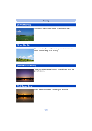 Page 124- 124 -
Recording
[Distinct Scenery]
Saturation of sky and trees creates more distinct scenery.
[Bright Blue Sky]
On a sunny day, the overall screen brightness is increased to 
create a vibrant image of the blue sky.
[Romantic Sunset Glow]
The enhanced purple tone creates a romantic image of the sky 
just after sunset.
[Vivid Sunset Glow]
Red is enhanced to create a vivid image of the sunset. 