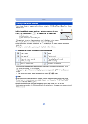 Page 61- 61 -
Basic
This unit was designed to play motion pictures using the AVCHD, MP4 and QuickTime Motion 
JPEG formats.
In Playback Mode, select a picture with the motion picture 
icon ([ ]) and touch [ ] in the middle of the screen.
AMotion picture icon
B The motion picture recording time
•After playback starts, the elapsed playback time is displayed on the screen.
•For example, 8 minutes and 30 seconds is displayed as [8m30s].•Some information (recording information, etc.) is not displayed for motion...