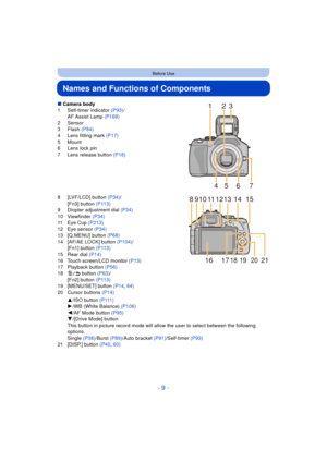 Page 9- 9 -
Before Use
Names and Functions of Components
∫Camera body
1 Self-timer indicator  (P93)/
AF Assist Lamp  (P168)
2 Sensor
3Flash  (P84)
4 Lens fitting mark  (P17)
5 Mount
6 Lens lock pin
7 Lens release button  (P18)
8 [LVF/LCD] button  (P34)/
[Fn3] button  (P113)
9 Diopter adjustment dial  (P34)
10 Viewfinder  (P34)
11 Eye Cup  (P213)
12 Eye sensor  (P34)
13 [Q.MENU] button (P68)
14 [AF/AE LOCK] button  (P104)/
[Fn1] button  (P113)
15 Rear dial (P14)
16 Touch screen/LCD monitor  (P13)
17 Playback...