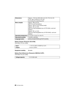 Page 46VQT4G94 (ENG) 46
Battery Charger (Panasonic DE-A79B):
Information for your safety
Battery Pack (lithium-ion) (Panasonic DMW-BLC12PP):
Information for your safetyDimensions
Approx. 119.9 mm (W)k83.2 mm (H) k70.8 mm (D)
[4.72 q (W)k3.28 q(H)k2.79q (D)]
(excluding the projecting parts)
Mass (weight) Approx. 396g
/0.87 lb[with the card and battery]
Approx. 346g
/0.76 lb (camera body)
Approx. 491 g/1.08 lb[with the Interchangeable lens (H-PS14042), card and 
battery]
Approx. 561g
/1.24 lb[with the...