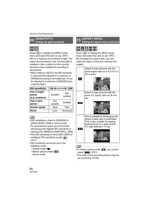 Page 60Advanced (Recording pictures)
60VQT1B86
Press [ ] to display the [REC] mode 
menu and select the item to set. (P57)
ISO is a measure of sensitivity to light. The 
higher the sensitivity is set, the less light is 
needed to take a picture so the camera 
becomes more suitable for recording in 
dark places.
 When setting to [AUTO], the ISO sensitivity 
is automatically adjusted to a maximum of 
[ISO200] according to the brightness. (It can 
be adjusted to a maximum of [ISO640] when 
using the flash.)
 ISO...