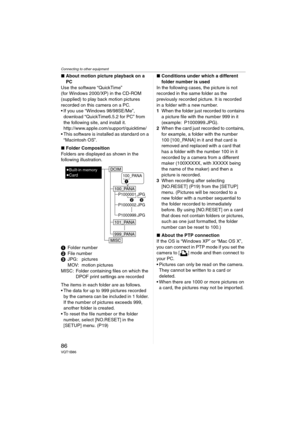 Page 86Connecting to other equipment
86VQT1B86
∫About motion picture playback on a 
PC
Use the software “QuickTime” 
(for Windows 2000/XP) in the CD-ROM 
(supplied) to play back motion pictures 
recorded on this camera on a PC.
 If you use “Windows 98/98SE/Me”, 
download “QuickTime6.5.2 for PC” from 
the following site, and install it.
http://www.apple.com/support/quicktime/
 This software is installed as standard on a 
“Macintosh OS”.
∫Folder Composition
Folders are displayed as shown in the 
following...