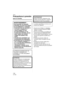 Page 116Others
116VQT1B86
Précautions à prendre 
(pour le Canada)
 Assurez-vous d’utiliser un adaptateur 
secteur de marque Panasonic (DMW-
AC5PP; en option).
 Assurez-vous d’utiliser une batterie de 
marque Panasonic (DMW-BCE10PP).
 Si vous utilisez d’autres batteries, nous ne 
pouvons pas garantir la qualité de ce 
produit.
 N’utilisez pas d’autres câbles de 
connexion USB à l’exception de celui 
fourni.
 N’utilisez pas d’autres câbles AV à 
l’exception de celui fourni.
 Conservez la carte mémoire hors de...