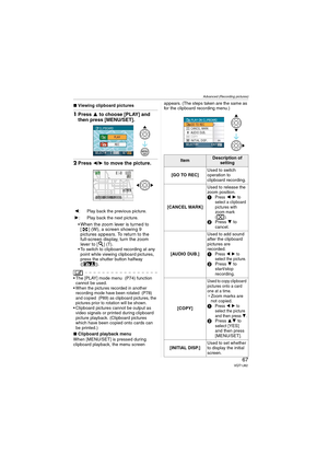 Page 67Advanced (Recording pictures)
67VQT1J82
∫Viewing clipboard pictures
1Press 3 to choose [PLAY] and 
then press [MENU/SET].
2Press 2/1 to move the picture.
When the zoom lever is turned to 
[ ] (W), a screen showing 9 
pictures appears. To return to the 
full-screen display, turn the zoom 
lever to [
] (T).
 To switch to clipboard recording at any 
point while viewing clipboard pictures, 
press the shutter button halfway 
([ ]).
 The [PLAY] mode menu  (P74) function 
cannot be used.

When the pictures...