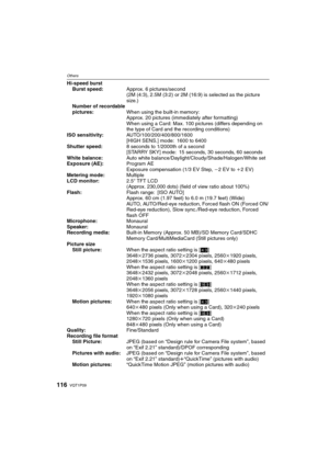 Page 116VQT1P09116
Others
Hi-speed burst
Burst speed:Approx. 6 pictures/second
(2M (4:3), 2.5M (3:2) or 2M (16:9) is selected as the picture 
size.)
Number of recordable 
pictures:When using the built-in memory:
Approx. 20 pictures (immediately after formatting)
When using a Card: Max. 100 pictures (differs depending on 
the type of Card and the recording conditions)
ISO sensitivity:AUTO/100/200/400/800/1600
[HIGH SENS.] mode: 1600 to 6400
Shutter speed:8 seconds to 1/2000th of a second
[STARRY SKY] mode: 15...