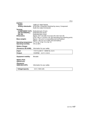 Page 117117VQT1P09
Others
Interface
Digital:“USB 2.0” (High Speed)
Analog video/audio:NTSC/PAL Composite (Switched by menu), Component
Audio line output (monaural)
Terminal
[COMPONENT OUT]:Dedicated jack (10 pin)
[AV OUT/DIGITAL]:Dedicated jack (8 pin)
[DC IN]:Dedicated jack (2 pin)
Dimensions:Approx. 94.7 mm (W)k51.9 mm (H)k22.0 mm (D) 
[3 3/4q (W)k21/16q(H)k7/8q (D)] (excluding the projecting parts)Mass (weight):Approx. 125g/4.41 oz (excluding card and battery)
Approx. 146g/5.15 oz (with card and battery)...