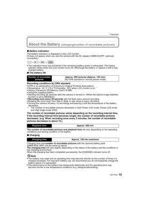 Page 1313VQT1P09
Preparation
About the Battery (charging/number of recordable pictures)
∫Battery indicationThe battery indication is displayed on the LCD monitor.
[It does not appear when you use the camera with the AC adaptor (DMW-AC5PP; optional) 
connected.]
The indication turns red and blinks if the remaining battery power is exhausted. (The status 
indicator blinks when the LCD monitor turns off.) Recharge the battery or replace it with a fully 
charged battery.
∫The battery life
Recording conditions by...