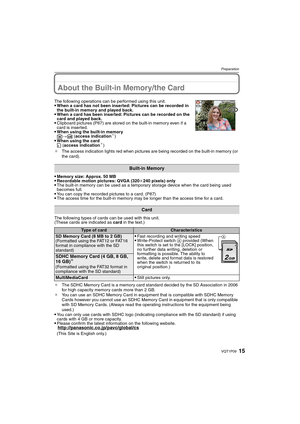 Page 1515VQT1P09
Preparation
About the Built-in Memory/the Card
Memory size: Approx. 50 MBRecordable motion pictures: QVGA (320k240 pixels) onlyThe built-in memory can be used as a temporary storage device when the card being used 
becomes full.
You can copy the recorded pictures to a card. (P87)The access time for the built-in memory may be longer than the access time for a card.
The following types of cards can be used with this unit.
(These cards are indicated as card in the text.)
¢The SDHC Memory Card is a...