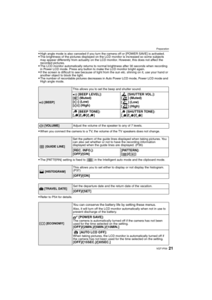 Page 2121VQT1P09
Preparation
High angle mode is also canceled if you turn the camera off or [POWER SAVE] is activated.The brightness of the pictures displayed on the LCD monitor is increased so some subjects 
may appear differently from actuality on the LCD monitor. However, this does not affect the 
recorded pictures.
The LCD monitor automatically returns to normal brightness after 30 seconds when recording 
in Power LCD mode. Press any button to make the LCD monitor bright again.
If the screen is difficult to...