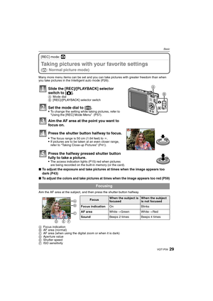 Page 2929VQT1P09
Basic
[REC] mode: ·
Taking pictures with your favorite settings 
(·: Normal picture mode)
Many more menu items can be set and you can take pictures with greater freedom than when 
you take pictures in the Intelligent auto mode (P26).
∫To adjust the exposure and take pictures at times when the image appears too 
dark (P43)
∫
To adjust the colors and take pictures at times when the image appears too red (P59)
Aim the AF area at the subject, and then press the shutter button halfway.
AFocus...