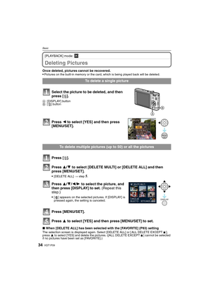 Page 34VQT1P0934
Basic
[PLAYBACK] mode: ¸
Deleting Pictures
Once deleted, pictures cannot be recovered. 
Pictures on the built-in memory or the card, which is being played back will be deleted. 
∫When [DELETE ALL] has been selected with the [FAVORITE] (P83) settingThe selection screen is displayed again. Select [DELETE ALL] or [ ALL DELETE EXCEPTÜ], 
press 3 to select [YES] and delete the pictures. ([ALL DELETE EXCEPTÜ] cannot be selected 
if no pictures have been set as [FAVORITE].)
To delete a single picture...