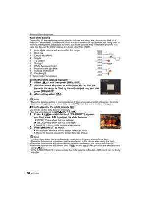Page 60VQT1P0960
Advanced (Recording pictures)
Auto white balanceDepending on the conditions prevailing when pictures are taken, the pictures may take on a 
reddish or bluish tinge. Furthermore, when a multiple number of light sources are being used or 
there is nothing with a color close to white, auto white balance may not function properly. In a 
case like this, set the white balance to a mode other than [AWB].
1 Auto white balance will work within this range.
2 Blue sky
3 Cloudy sky (Rain)
4 Shade
5 TV...