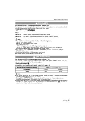 Page 6565VQT1P09
Advanced (Recording pictures)
For details on [REC] mode menu settings, refer to P18.Using one of these modes, jitter during picture taking is detected, and the camera automatically 
compensates the jitter, enabling jitter-free images to be taken.
Applicable modes: ñ·¿n
Note
The stabilizer function may not be effective in the following cases.–When there is a lot of jitter.–When the zoom magnification is high.–In digital zoom range.–When taking pictures while following a moving subject.–When the...