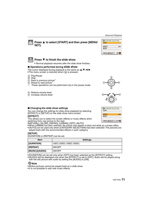 Page 7171VQT1P09
Advanced (Playback)
∫Operations performed during slide showThe cursor displayed during playback is the same as 3/4/2/1.The menu screen is restored when [‚] is pressed.
∫Changing the slide show settingsYou can change the settings for slide show playback by selecting 
[EFFECT] or [SETUP] on the slide show menu screen.
[EFFECT]This allows you to select the screen effects or music effects when 
switching from one picture to the next.
[NATURAL], [SLOW], [SWING], [URBAN], [OFF], [AUTO]
When [URBAN]...