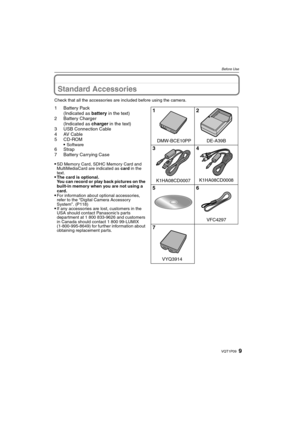 Page 99VQT1P09
Before Use
Standard Accessories
Check that all the accessories are included before using the camera.
1Battery Pack
(Indicated as battery in the text)
2 Battery Charger
(Indicated as charger in the text)
3 USB Connection Cable
4AV Cable
5CD-ROM

Software6Strap
7 Battery Carrying Case

SD Memory Card, SDHC Memory Card and 
MultiMediaCard are indicated as card in the 
text.
The card is optional.
You can record or play back pictures on the 
built-in memory when you are not using a 
card.
For...