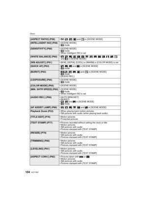 Page 104VQT1R87104
Others
[ASPECT RATIO] (P59)•9
, ô , ,  and  in [SCENE MODE]
[INTELLIGENT ISO] (P59) •[SCENE MODE]•$
 mode
[SENSITIVITY] (P60) •[SCENE MODE]•$
 mode•When Intelligent ISO is set
[WHITE BALANCE] (P60) •,
, . , /, 1, 2 , 3 , ï , , 5, 4 , 6, 8, 7,  
and  < in [SCENE MODE]
[WB ADJUST.] (P61) •[B/W], [SEPIA], [COOL] or [WARM] in [COLOR MODE] is set
[QUICK AF] (P63)•.
, / , 5 and 4  in [SCENE MODE]•$ mode
[BURST] (P63) •
,ô, , 5,  and  in [SCENE MODE]•$ mode•[AUDIO REC.]
[I.EXPOSURE] (P64) •[SCENE...