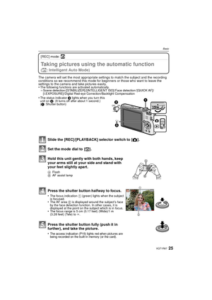 Page 2525VQT1R87
Basic
[REC] mode: ñ
BasicTaking pictures using the automatic function 
(ñ: Intelligent Auto Mode)
The camera will set the most appropriate settings to match the subject and the recording 
conditions so we recommend this mode for beginners or those who want to leave the 
settings to the camera and take pictures easily.
•
The following functions are activated automatically.–Scene detection /[STABILIZER] /[INTELLIGENT ISO]/ Face detection / [QUICK AF]/
[I.EXPOSURE]/ Digital Red-eye...