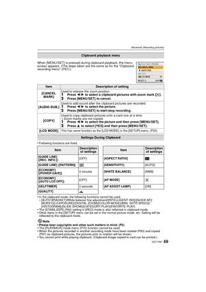 Page 6969VQT1R87
Advanced (Recording pictures)
•Following functions are fixed.
•In the clipboard mode, the following functions cannot be used.–[AUTO BRACKET]/White balance fine adjustment/[INTELLIGENT ISO]/[QUICK AF]/
[BURST]/[I.EXPOSURE]/[DIGITAL ZOOM]/[COLOR MODE]/[MIN. SHTR SPEED]/
[HISTOGRAM]/[SLIDE SHOW]/[CATEGORY PLAY]/[FAVORITE PLAY]
•The [STABILIZER] (P65) setting in [REC] mode is also reflected in clipboard mode.•Other items in the [SETUP] menu can be set in the normal picture mode, etc. Setting will...