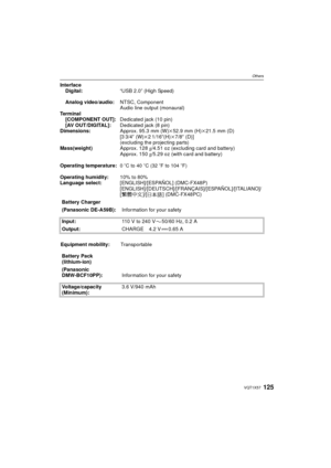 Page 125125VQT1X57
Others
InterfaceDigital: “USB 2.0” (High Speed)
Analog video/audio: NTSC, Component
Audio line output (monaural)
Te r m i n a l [COMPONENT OUT]: Dedicated jack (10 pin)
[AV OUT/DIGITAL]: Dedicated jack (8 pin)
Dimensions: Approx. 95.3 mm (W)k52.9 mm (H) k21.5 mm (D) 
[3 3/4 q (W) k21/16 q(H)k7/8q (D)] 
(excluding the projecting parts)Mass(weight) Approx. 128g/4.51 oz (excluding card and battery)
Approx. 150 g/5.29 oz (with card and battery)
Operating temperature:
0oC to 40oC (32oF to 104oF)...