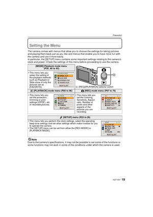 Page 1919VQT1X57
Preparation
Setting the Menu
The camera comes with menus that allow you to choose the settings for taking pictures 
and playing them back just as you like and menus that enable you to have more fun with 
the camera and use it more easily.
In particular, the [SETUP] menu contains some important settings relating to the camera’s 
clock and power. Check the settings of this menu before proceeding to use the camera.Note
Due to the camera’s specifications, it may not be possible to set some of the...