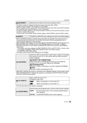 Page 2525VQT1X57
Preparation
•The folder number is updated and the file number starts from 0001. (P98)•A folder number between 100 and 999 can be assigned.
When the folder number reaches 999, the number cannot be reset. We recommend formatting 
the card (P26) after saving the data on a PC or elsewhere.
•To reset the folder number to 100, format the built-in memory or the card first and then use this 
function to reset the file number.
A reset screen for the folder number will then appear. Select [YES] to reset...