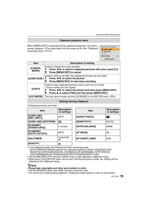 Page 7979VQT1X57
Advanced (Recording pictures)
•Following functions are fixed.
•In the clipboard mode, the following functions cannot be used.–[AUTO BRACKET]/White balance fine adjustment/[INTELLIGENT ISO]/[QUICK AF]/
[BURST]/[I.EXPOSURE]/[DIGITAL ZOOM]/[COLOR MODE]/[MIN. SHTR SPEED]/
[HISTOGRAM]/[SLIDE SHOW]/[CATEGORY PLAY]/[FAVORITE PLAY]
•The [STABILIZER] (P75) setting in [REC] mode is also reflected in clipboard mode.•Other items in the [SETUP] menu can be set in the Normal picture mode, etc. Setting will...