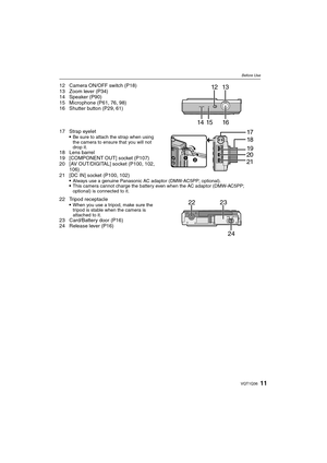 Page 1111VQT1Q36
Before Use
12 Camera ON/OFF switch (P18)
13 Zoom lever (P34)
14 Speaker (P90)
15 Microphone (P61, 76, 98)
16 Shutter button (P29, 61)
17 Strap eyelet

Be sure to attach the strap when using 
the camera to ensure that you will not 
drop it.
18 Lens barrel
19 [COMPONENT OUT] socket (P107)
20 [AV OUT/DIGITAL] socket (P100, 102, 
106)
21 [DC IN] socket (P100, 102)

Always use a genuine Panasonic AC adaptor (DMW-AC5PP; optional).This camera cannot charge the battery even when the AC adaptor...