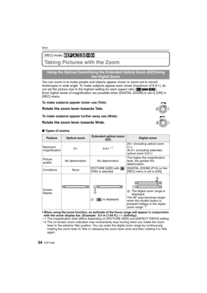 Page 34VQT1Q3634
Basic
[REC] mode: ñ³±´²¿n
Taking Pictures with the Zoom
You can zoom-in to make people and objects appear closer or zoom-out to record 
landscapes in wide angle. To make subjects appear even closer [maximum of 8.9k], do 
not set the picture size to the highest setting for each aspect ratio (X/Y/W).
Even higher levels of magnification are possible when [DIGITAL ZOOM] is set to [ON] in 
[REC] menu.
∫Types of zooms

When using the zoom function, an estimate of the focus range will appear in...