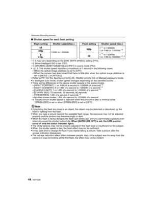 Page 44VQT1Q3644
Advanced (Recording pictures)
∫Shutter speed for each flash setting
¢1 It may vary depending on the [MIN. SHTR SPEED]  setting (P75).
¢2 When Intelligent ISO is set (P67)
¢3[SPORTS], [BABY1]/[BABY2] and [PET] in scene mode (P54)
¢2, 3: The shutter speed becomes a maximum of 1 second in the following cases.–When the optical image stabilizer is set to [OFF].–When the camera has determined that there is little jitter when the optical image stabilizer is 
set to [MODE1] or [MODE2].
Refer to P51 for...